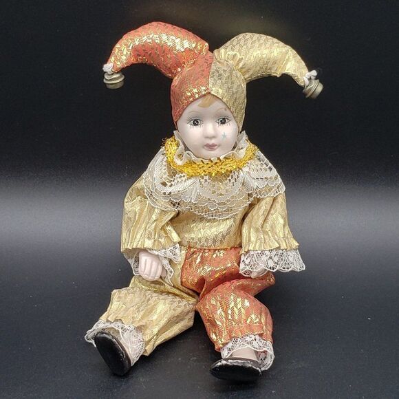 Vintage Bendable Porcelain Gold Red Lace Bells Harlequin Jester Clown Figurine - Picture 7 of 8